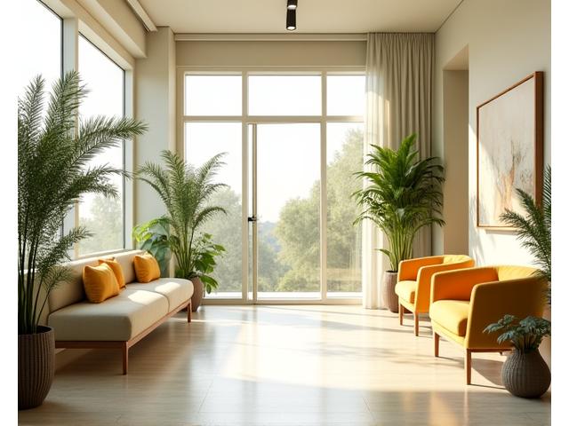 Interior moderno y luminoso de la sala de espera de Alma Serena Vita con plantas y mobiliario cómodo