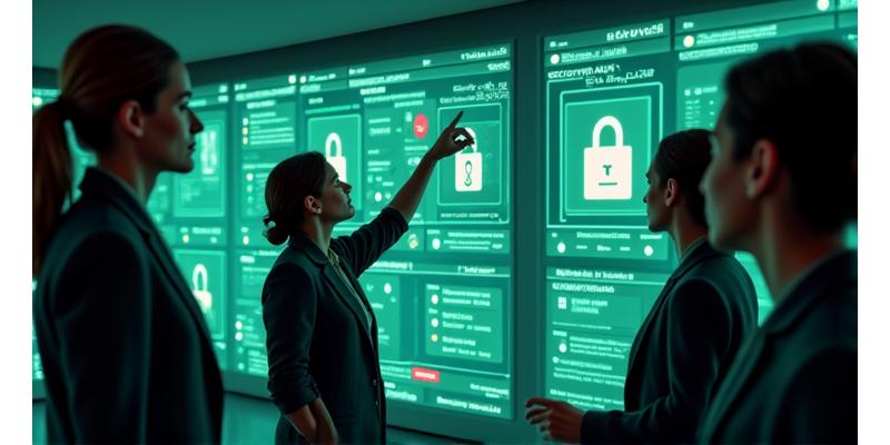 Imagen conceptual de un equipo de ciberseguridad trabajando en un entorno digital seguro, con elementos visuales de encriptación y firewalls en una paleta de colores verde y gris.