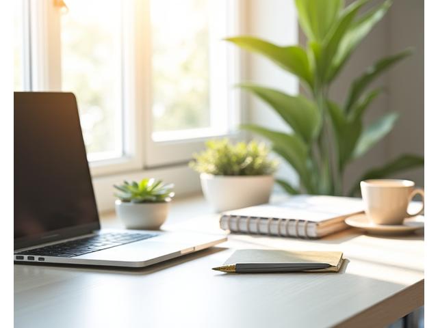 Espacio de trabajo minimalista con plantas y luz natural, representando productividad y bienestar.