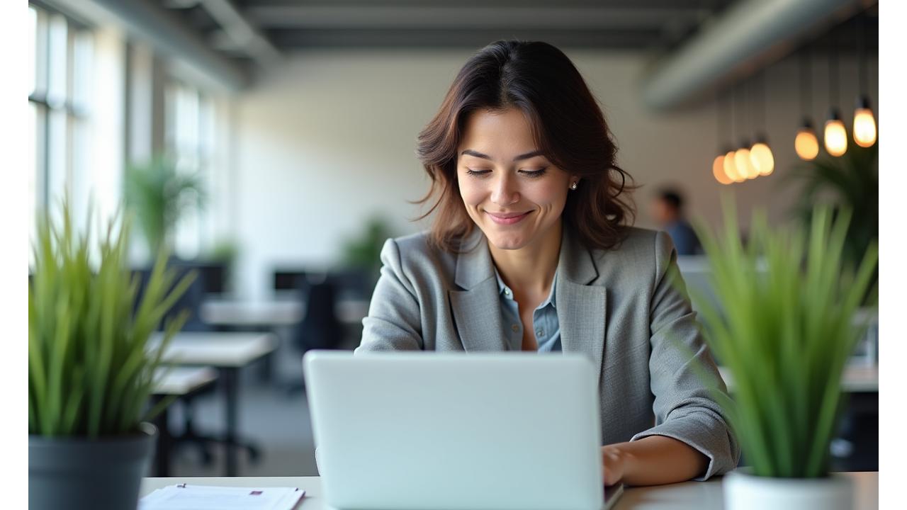 Profesional en una oficina moderna, con una expresión de calma y concentración, simbolizando el control del estrés laboral.